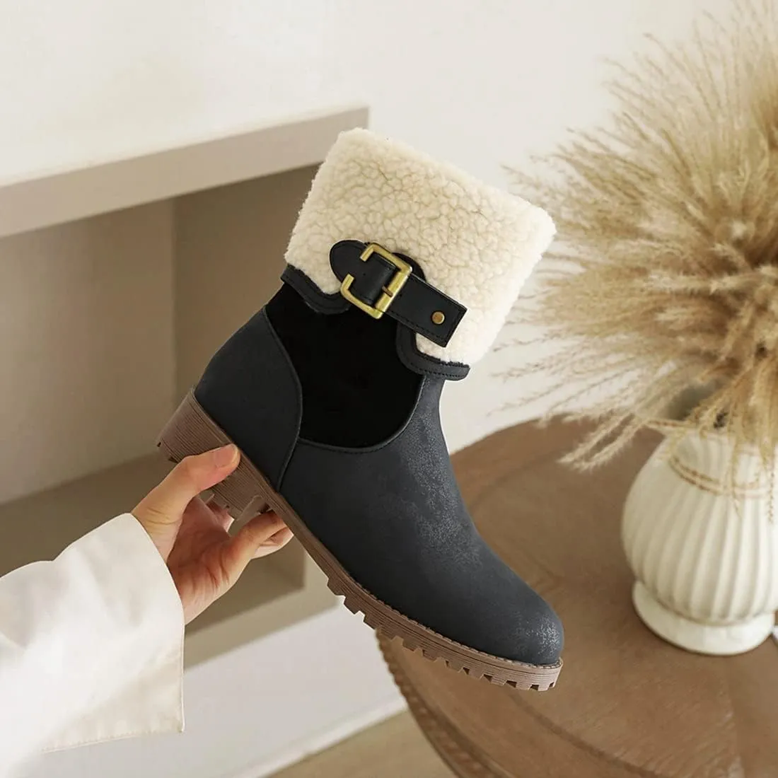 VOKLIN Women's Round Toe Buckle Cuff Dress Ankle Boots Flat Low Heels Zipper Warm Fur Dressy Short Booties