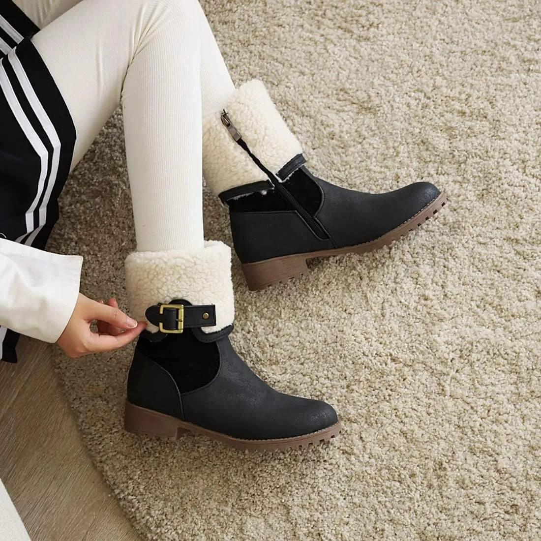 VOKLIN Women's Round Toe Buckle Cuff Dress Ankle Boots Flat Low Heels Zipper Warm Fur Dressy Short Booties