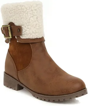 VOKLIN Women's Round Toe Buckle Cuff Dress Ankle Boots Flat Low Heels Zipper Warm Fur Dressy Short Booties