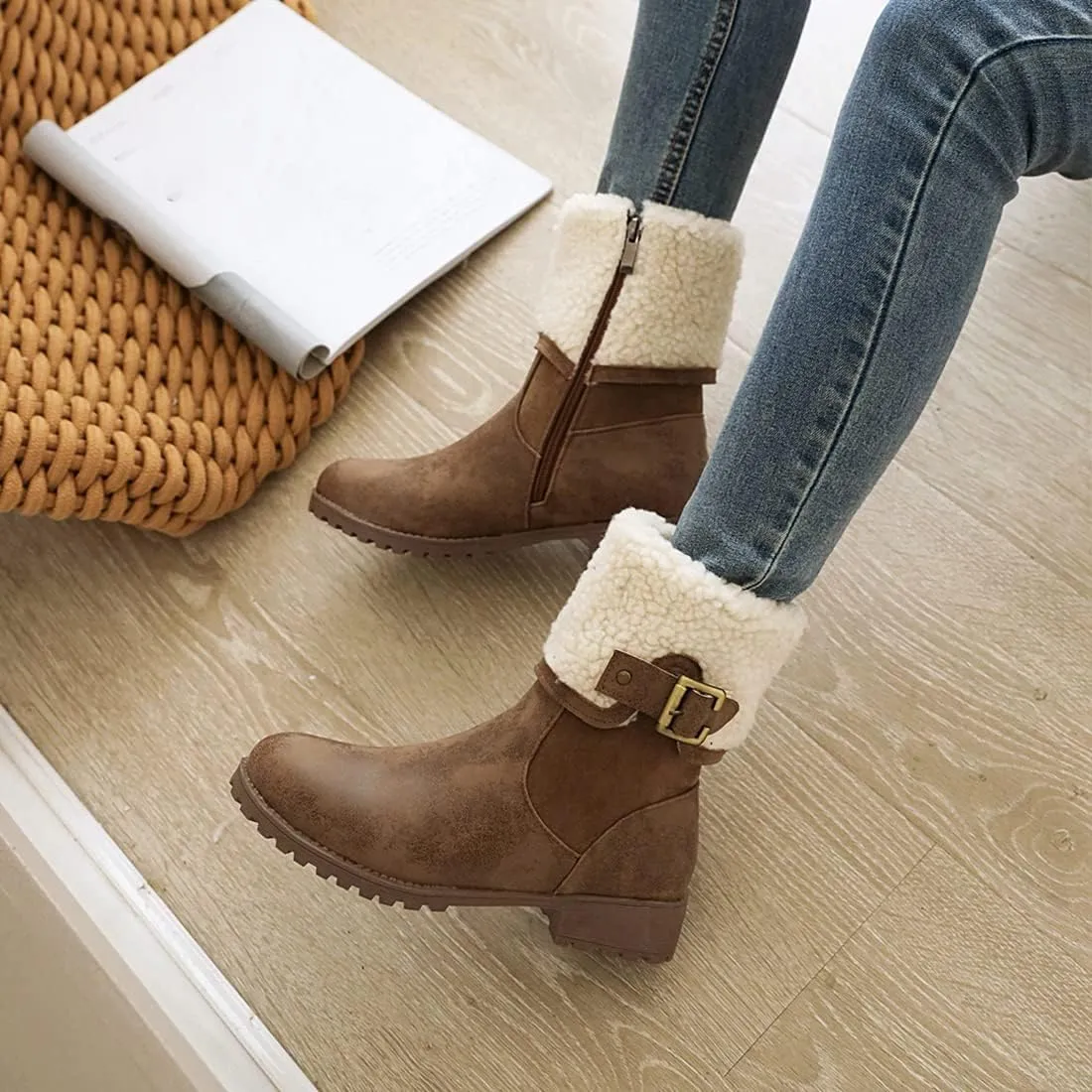 VOKLIN Women's Round Toe Buckle Cuff Dress Ankle Boots Flat Low Heels Zipper Warm Fur Dressy Short Booties