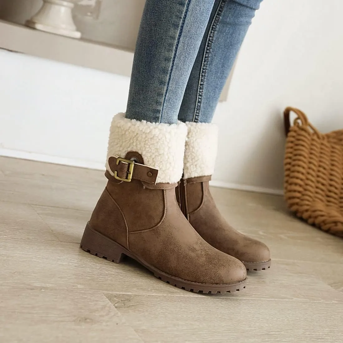 VOKLIN Women's Round Toe Buckle Cuff Dress Ankle Boots Flat Low Heels Zipper Warm Fur Dressy Short Booties