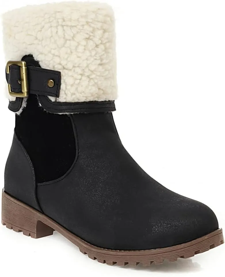 VOKLIN Women's Round Toe Buckle Cuff Dress Ankle Boots Flat Low Heels Zipper Warm Fur Dressy Short Booties