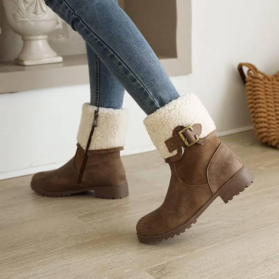 VOKLIN Women's Round Toe Buckle Cuff Dress Ankle Boots Flat Low Heels Zipper Warm Fur Dressy Short Booties