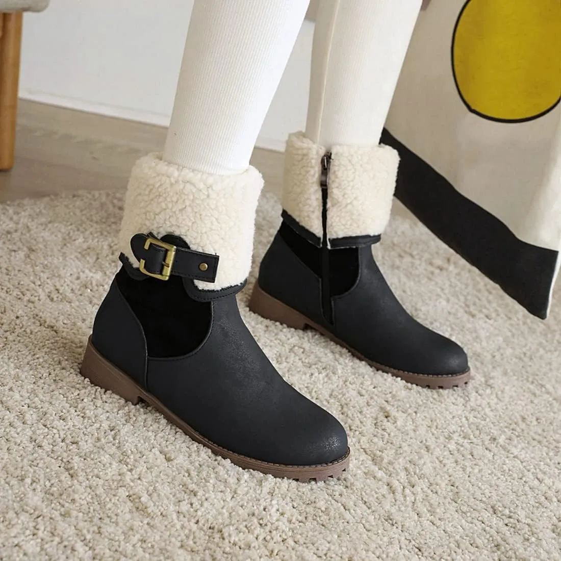 VOKLIN Women's Round Toe Buckle Cuff Dress Ankle Boots Flat Low Heels Zipper Warm Fur Dressy Short Booties
