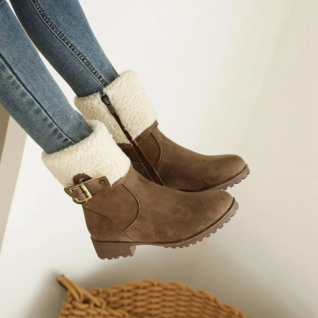 VOKLIN Women's Round Toe Buckle Cuff Dress Ankle Boots Flat Low Heels Zipper Warm Fur Dressy Short Booties