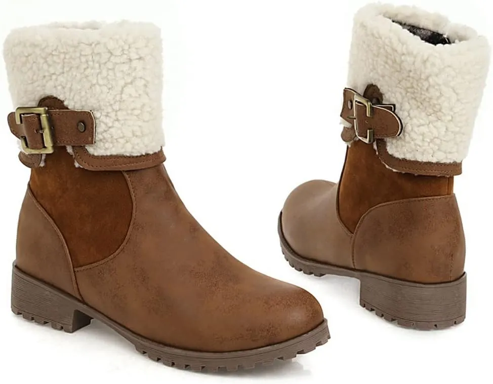 VOKLIN Women's Round Toe Buckle Cuff Dress Ankle Boots Flat Low Heels Zipper Warm Fur Dressy Short Booties