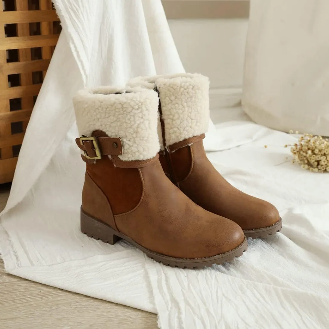 VOKLIN Women's Round Toe Buckle Cuff Dress Ankle Boots Flat Low Heels Zipper Warm Fur Dressy Short Booties
