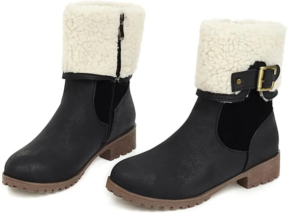 VOKLIN Women's Round Toe Buckle Cuff Dress Ankle Boots Flat Low Heels Zipper Warm Fur Dressy Short Booties
