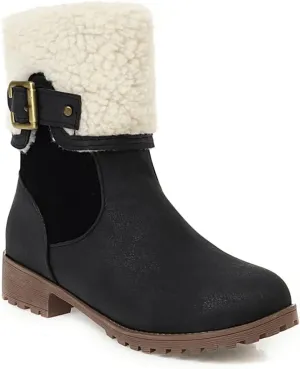 VOKLIN Women's Round Toe Buckle Cuff Dress Ankle Boots Flat Low Heels Zipper Warm Fur Dressy Short Booties