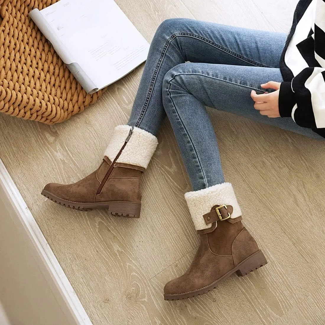 VOKLIN Women's Round Toe Buckle Cuff Dress Ankle Boots Flat Low Heels Zipper Warm Fur Dressy Short Booties