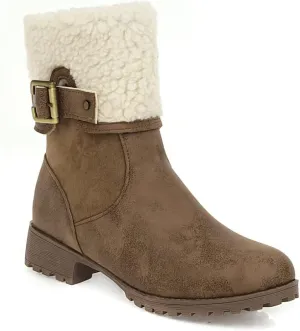 VOKLIN Women's Round Toe Buckle Cuff Dress Ankle Boots Flat Low Heels Zipper Warm Fur Dressy Short Booties