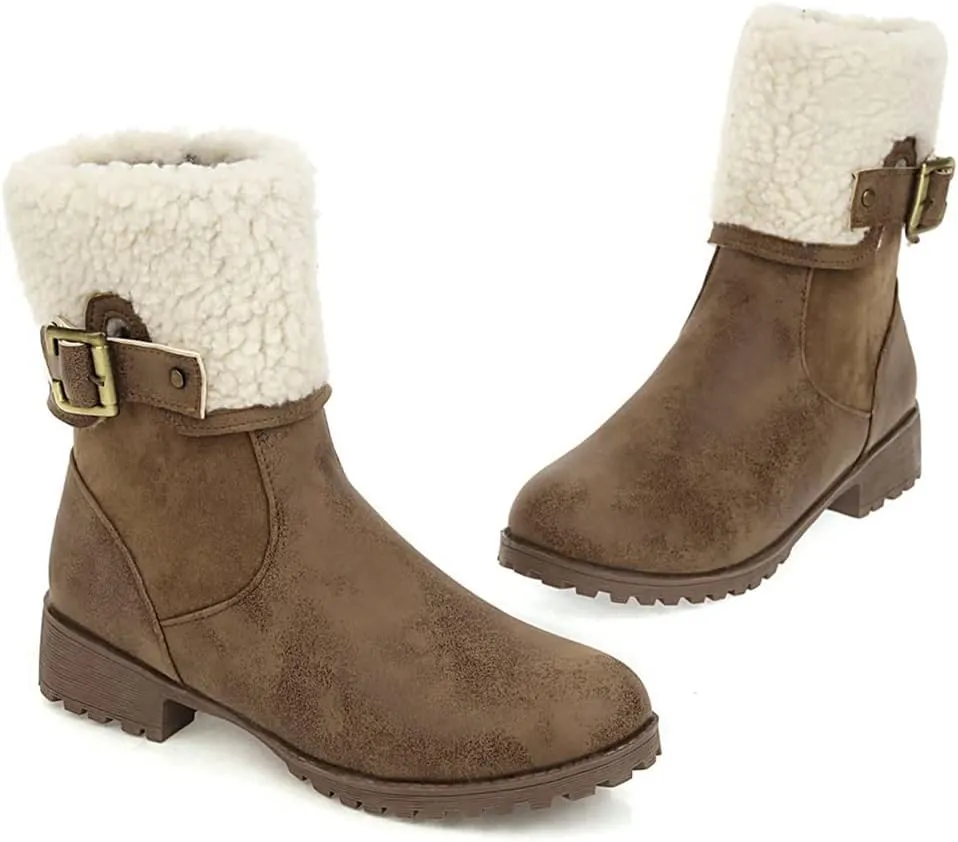 VOKLIN Women's Round Toe Buckle Cuff Dress Ankle Boots Flat Low Heels Zipper Warm Fur Dressy Short Booties