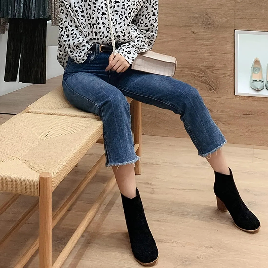 VOKLIN Women's Round Toe Chunky Block High Heel Dress Ankle Boots Vegan Suede Zipper Dressy Short Booties