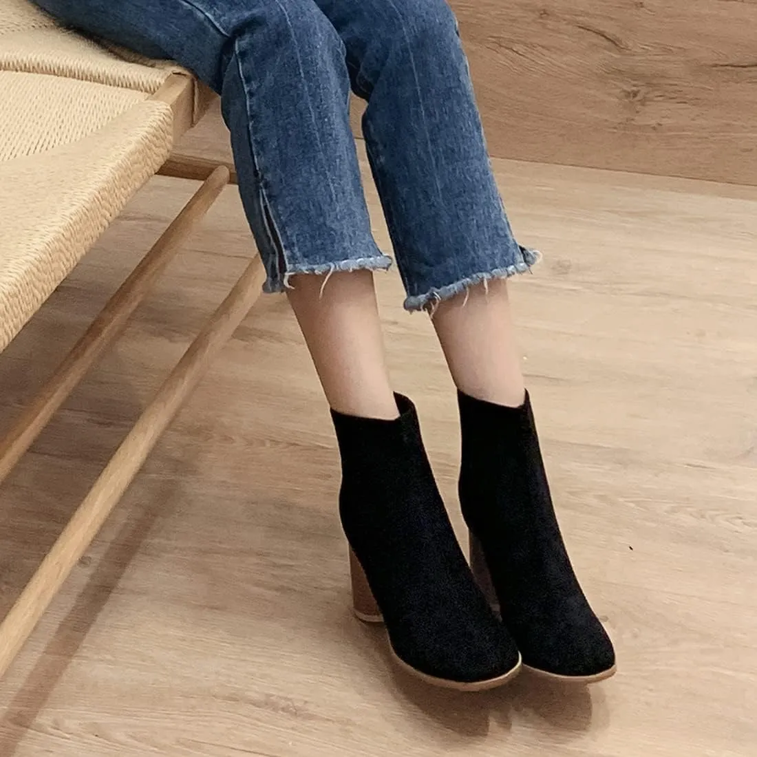 VOKLIN Women's Round Toe Chunky Block High Heel Dress Ankle Boots Vegan Suede Zipper Dressy Short Booties
