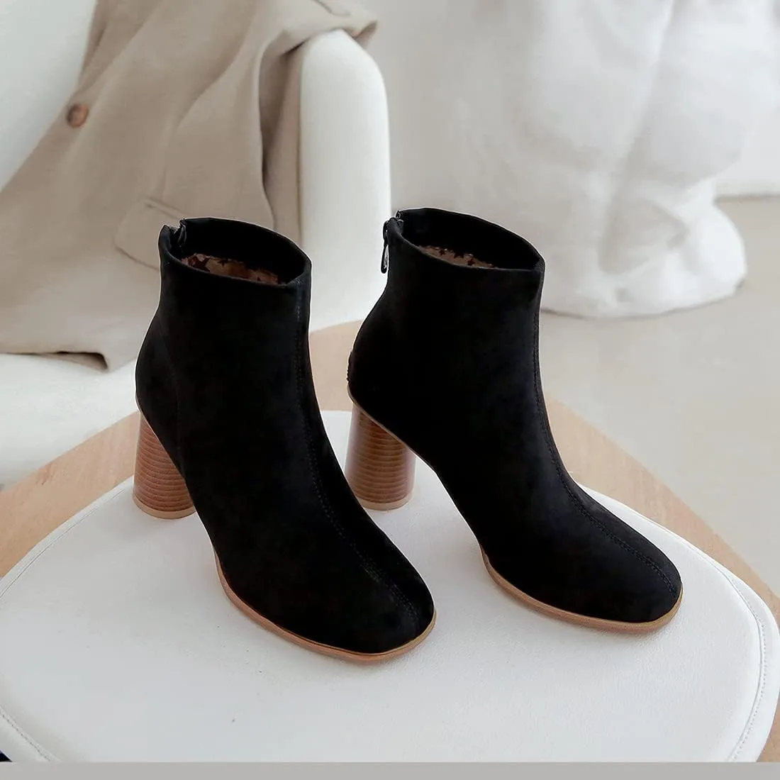 VOKLIN Women's Round Toe Chunky Block High Heel Dress Ankle Boots Vegan Suede Zipper Dressy Short Booties
