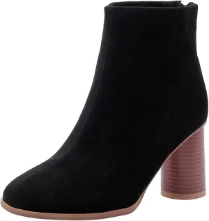 VOKLIN Women's Round Toe Chunky Block High Heel Dress Ankle Boots Vegan Suede Zipper Dressy Short Booties