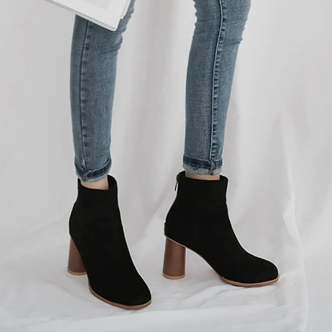 VOKLIN Women's Round Toe Chunky Block High Heel Dress Ankle Boots Vegan Suede Zipper Dressy Short Booties