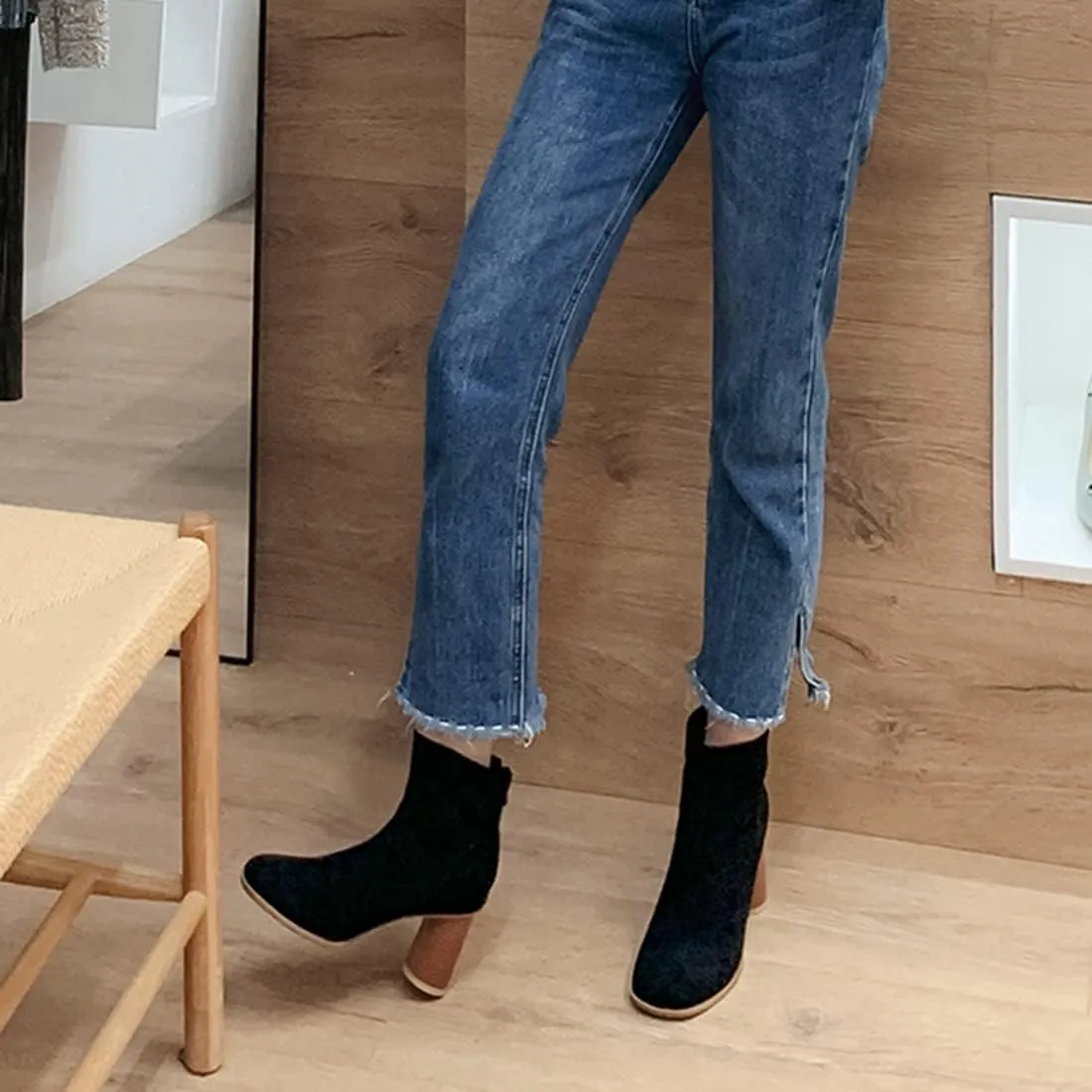 VOKLIN Women's Round Toe Chunky Block High Heel Dress Ankle Boots Vegan Suede Zipper Dressy Short Booties