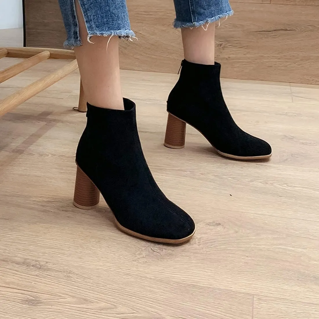 VOKLIN Women's Round Toe Chunky Block High Heel Dress Ankle Boots Vegan Suede Zipper Dressy Short Booties