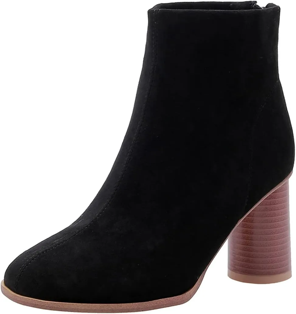 VOKLIN Women's Round Toe Chunky Block High Heel Dress Ankle Boots Vegan Suede Zipper Dressy Short Booties