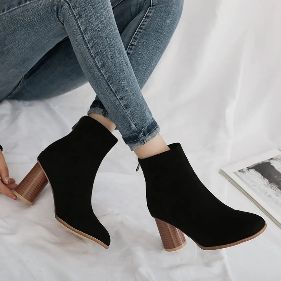 VOKLIN Women's Round Toe Chunky Block High Heel Dress Ankle Boots Vegan Suede Zipper Dressy Short Booties