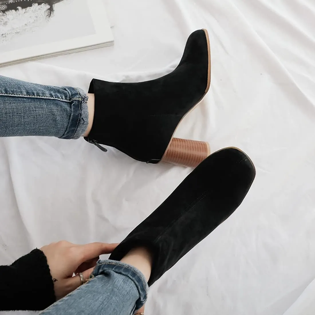 VOKLIN Women's Round Toe Chunky Block High Heel Dress Ankle Boots Vegan Suede Zipper Dressy Short Booties
