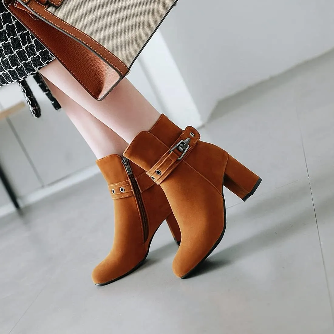 VOKLIN Women's Round Toe Elegant Dressy Ankle Booties Suede Zipper Chunky Block High Heel Dress Short Boots