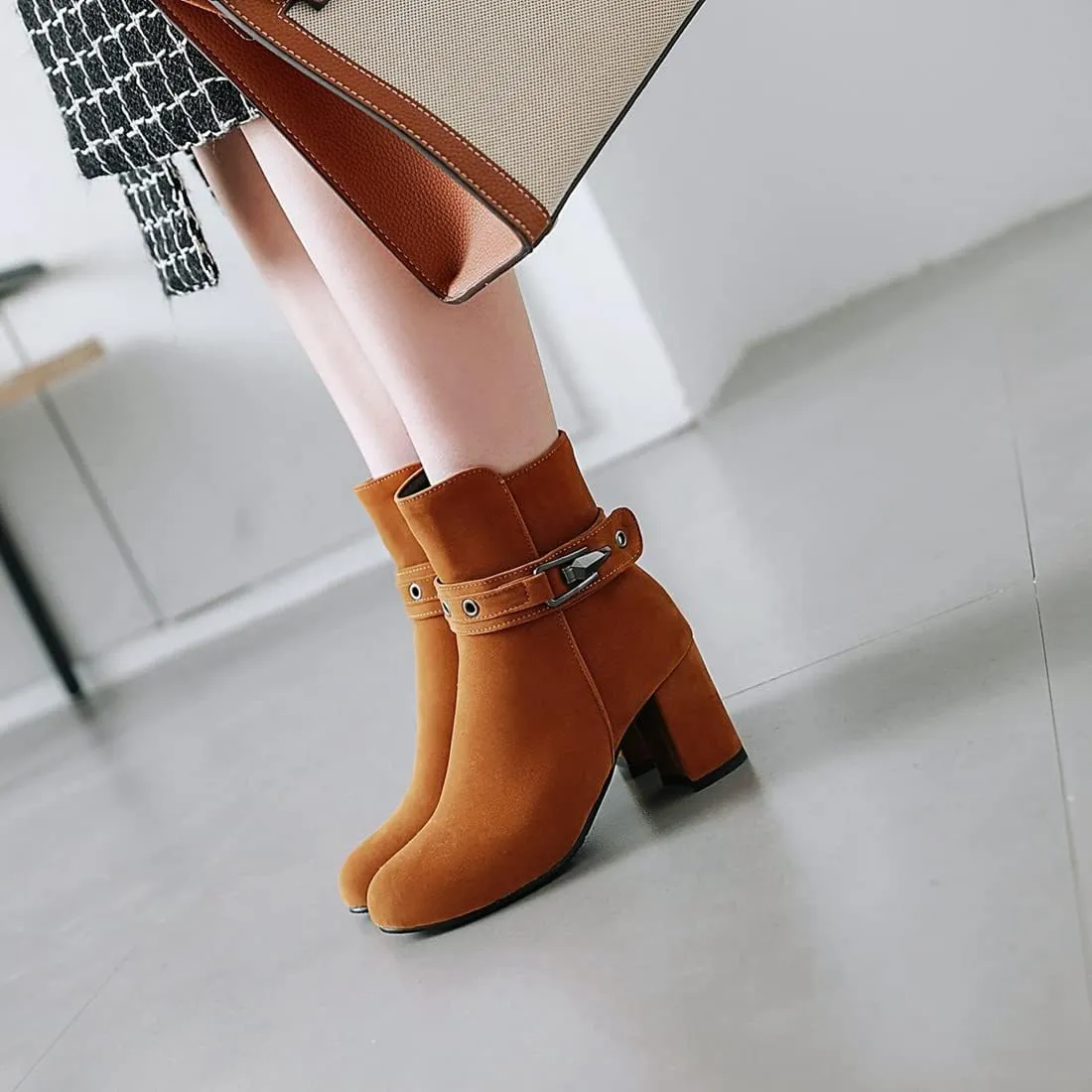 VOKLIN Women's Round Toe Elegant Dressy Ankle Booties Suede Zipper Chunky Block High Heel Dress Short Boots