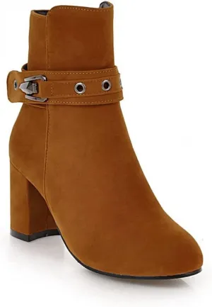 VOKLIN Women's Round Toe Elegant Dressy Ankle Booties Suede Zipper Chunky Block High Heel Dress Short Boots