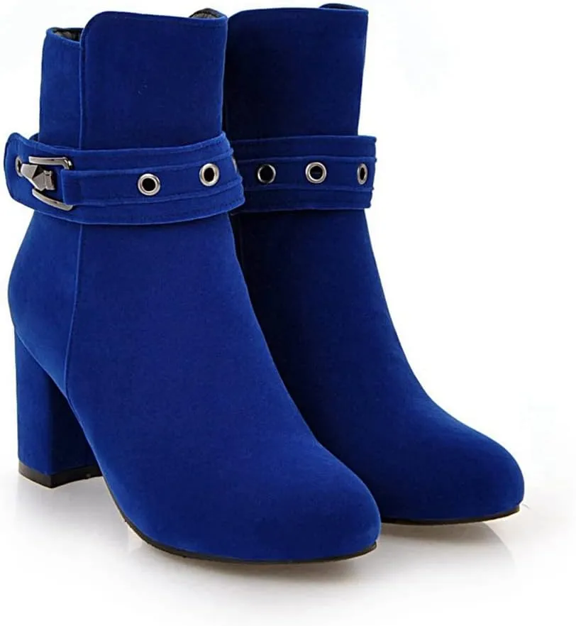 VOKLIN Women's Round Toe Elegant Dressy Ankle Booties Suede Zipper Chunky Block High Heel Dress Short Boots