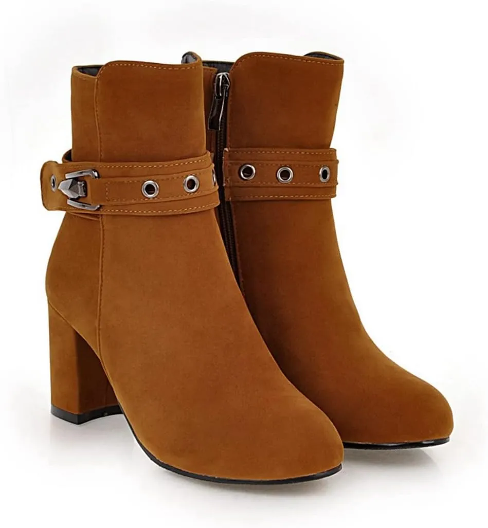 VOKLIN Women's Round Toe Elegant Dressy Ankle Booties Suede Zipper Chunky Block High Heel Dress Short Boots