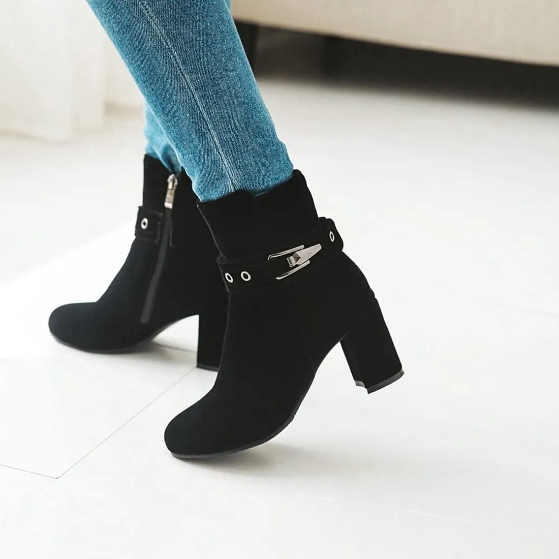 VOKLIN Women's Round Toe Elegant Dressy Ankle Booties Suede Zipper Chunky Block High Heel Dress Short Boots