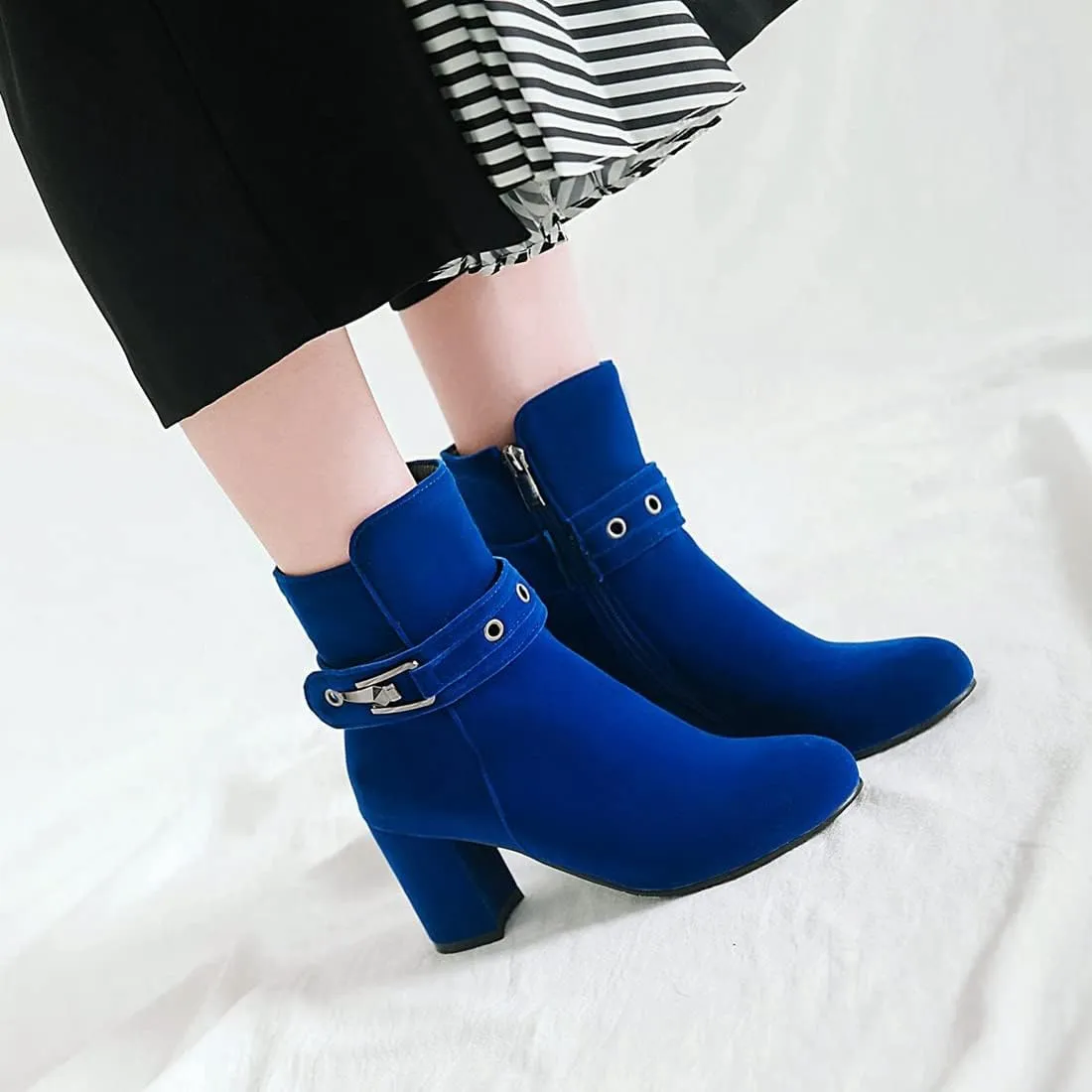 VOKLIN Women's Round Toe Elegant Dressy Ankle Booties Suede Zipper Chunky Block High Heel Dress Short Boots