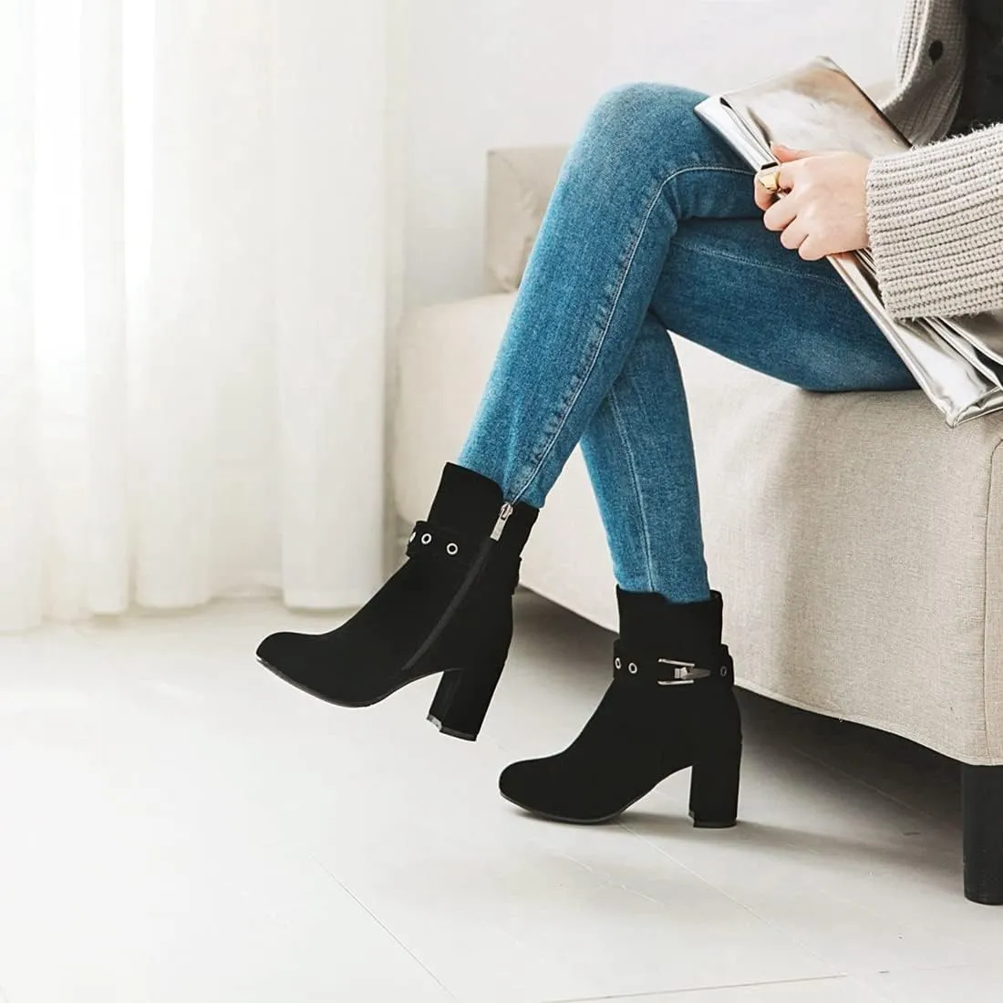 VOKLIN Women's Round Toe Elegant Dressy Ankle Booties Suede Zipper Chunky Block High Heel Dress Short Boots