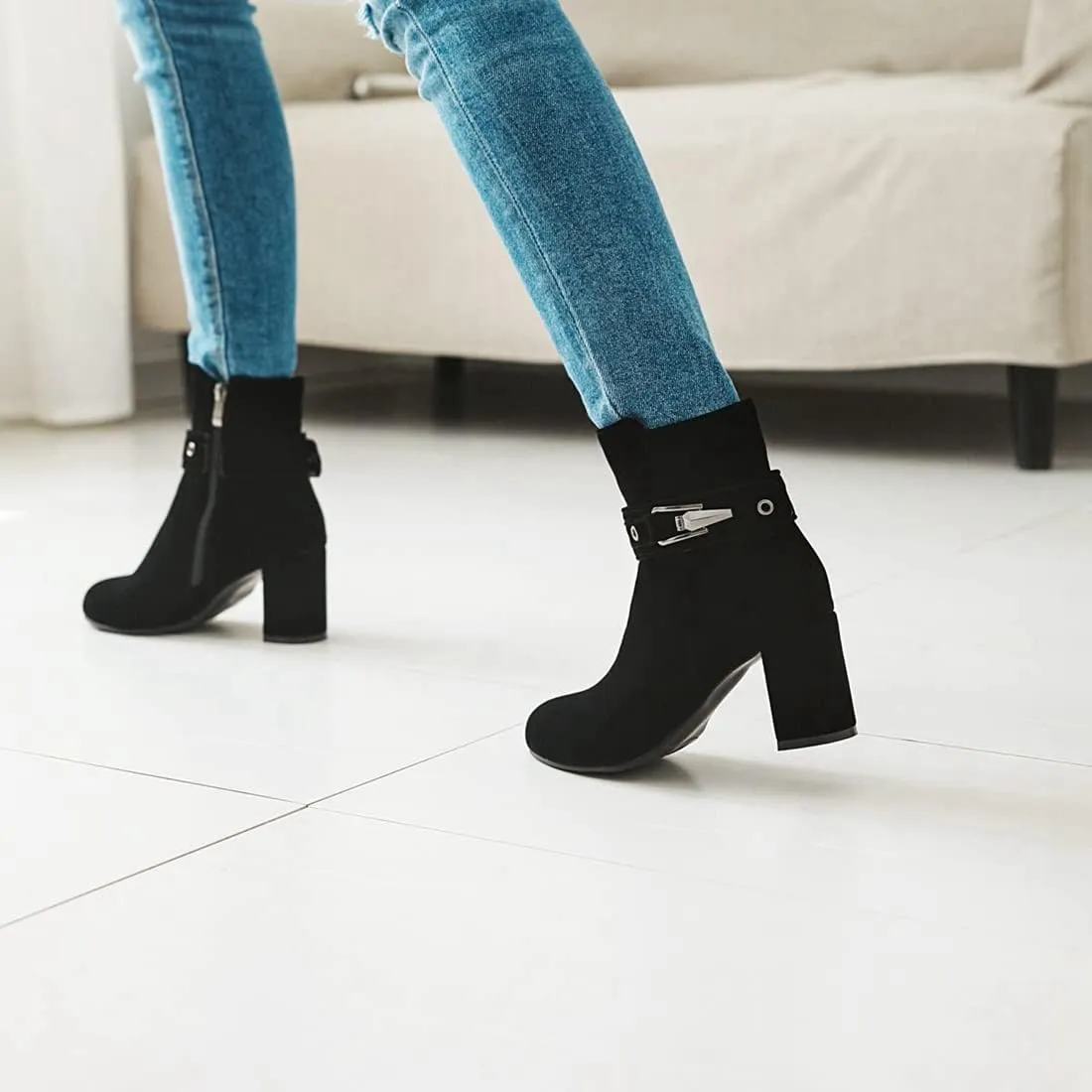 VOKLIN Women's Round Toe Elegant Dressy Ankle Booties Suede Zipper Chunky Block High Heel Dress Short Boots
