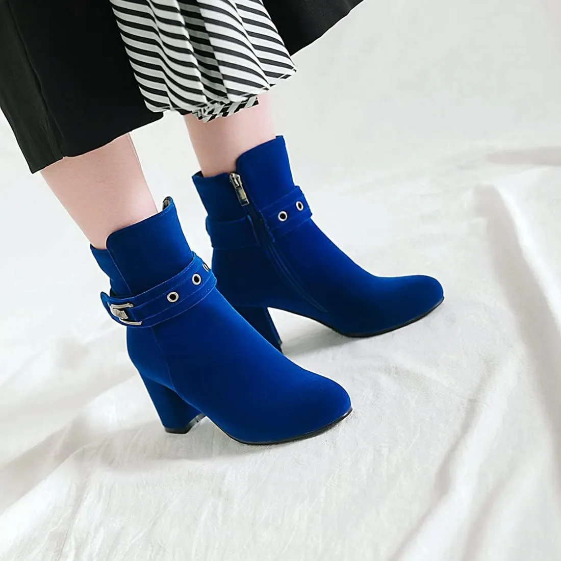 VOKLIN Women's Round Toe Elegant Dressy Ankle Booties Suede Zipper Chunky Block High Heel Dress Short Boots