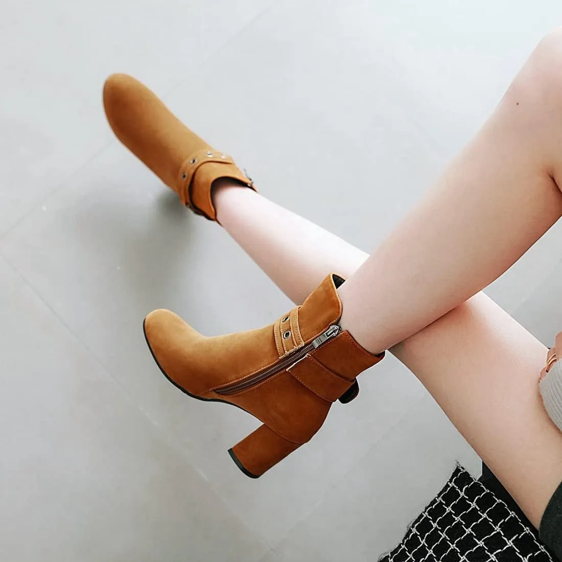 VOKLIN Women's Round Toe Elegant Dressy Ankle Booties Suede Zipper Chunky Block High Heel Dress Short Boots