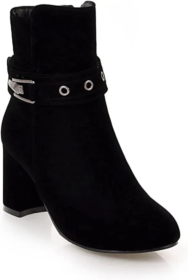 VOKLIN Women's Round Toe Elegant Dressy Ankle Booties Suede Zipper Chunky Block High Heel Dress Short Boots