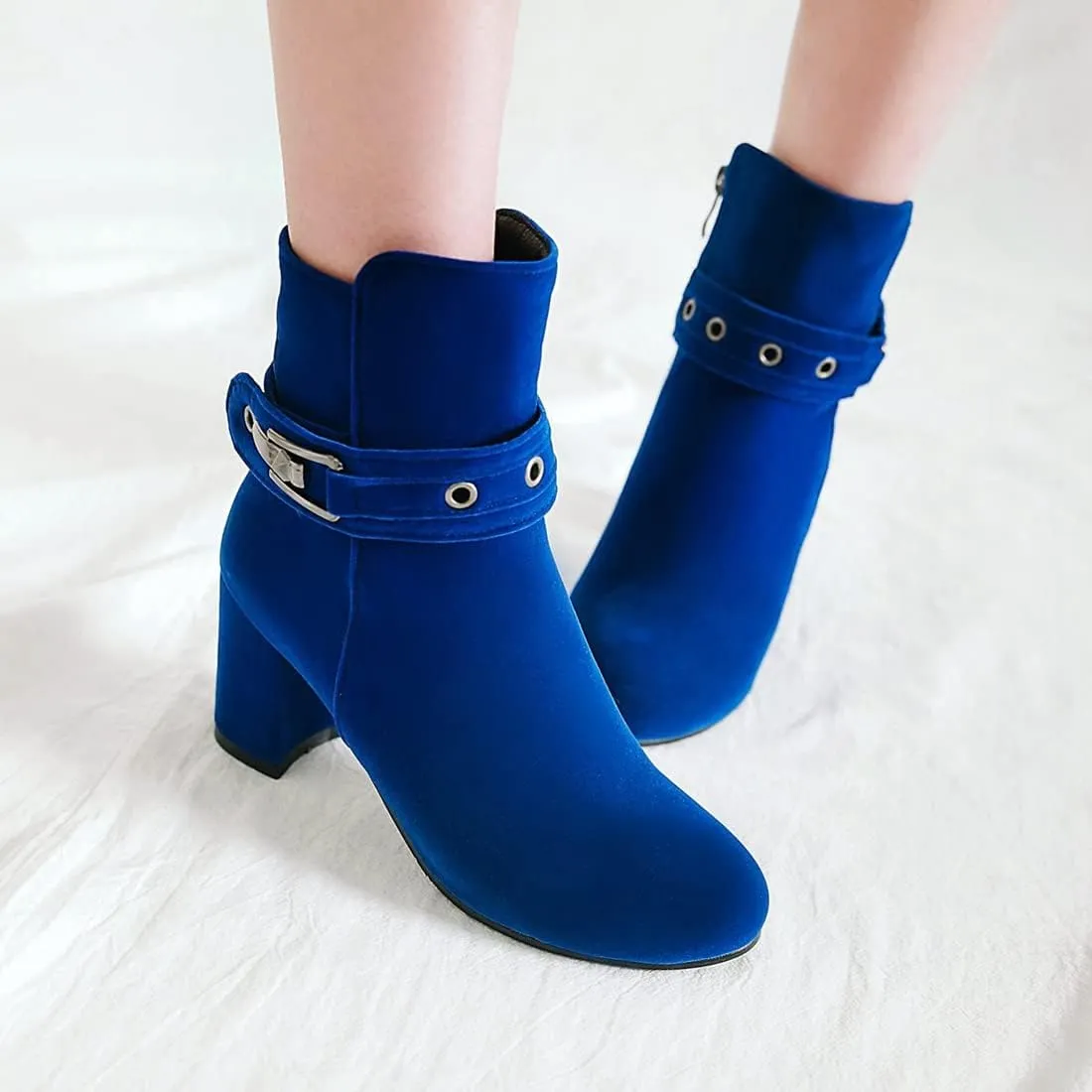 VOKLIN Women's Round Toe Elegant Dressy Ankle Booties Suede Zipper Chunky Block High Heel Dress Short Boots