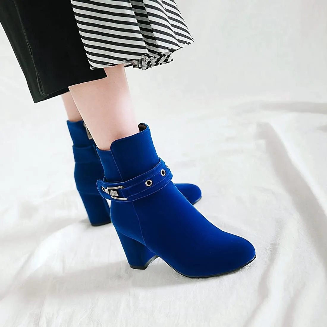VOKLIN Women's Round Toe Elegant Dressy Ankle Booties Suede Zipper Chunky Block High Heel Dress Short Boots