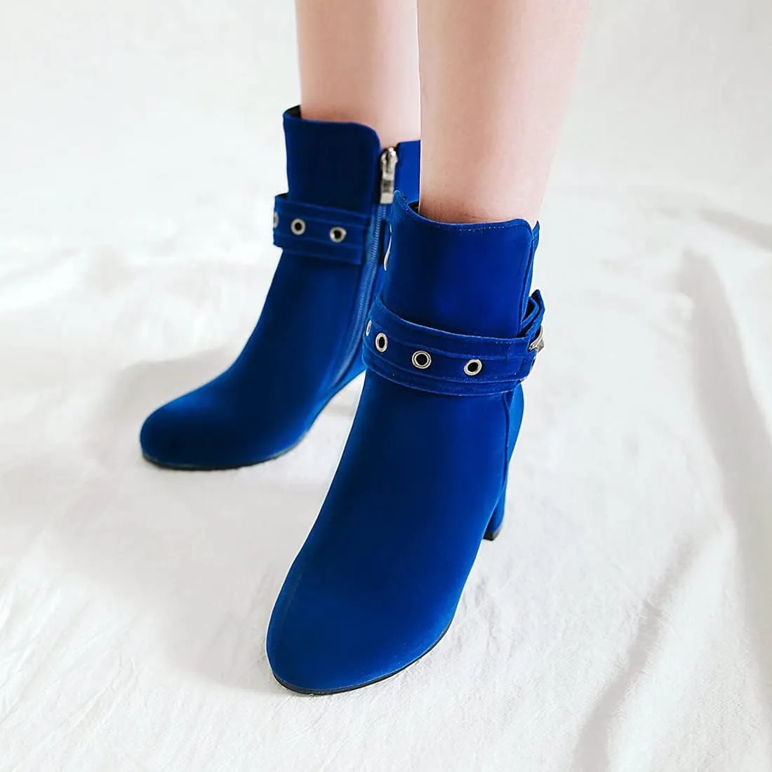 VOKLIN Women's Round Toe Elegant Dressy Ankle Booties Suede Zipper Chunky Block High Heel Dress Short Boots