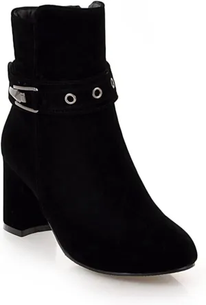 VOKLIN Women's Round Toe Elegant Dressy Ankle Booties Suede Zipper Chunky Block High Heel Dress Short Boots