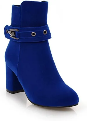 VOKLIN Women's Round Toe Elegant Dressy Ankle Booties Suede Zipper Chunky Block High Heel Dress Short Boots