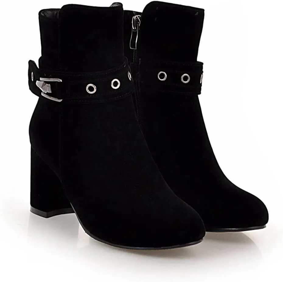 VOKLIN Women's Round Toe Elegant Dressy Ankle Booties Suede Zipper Chunky Block High Heel Dress Short Boots
