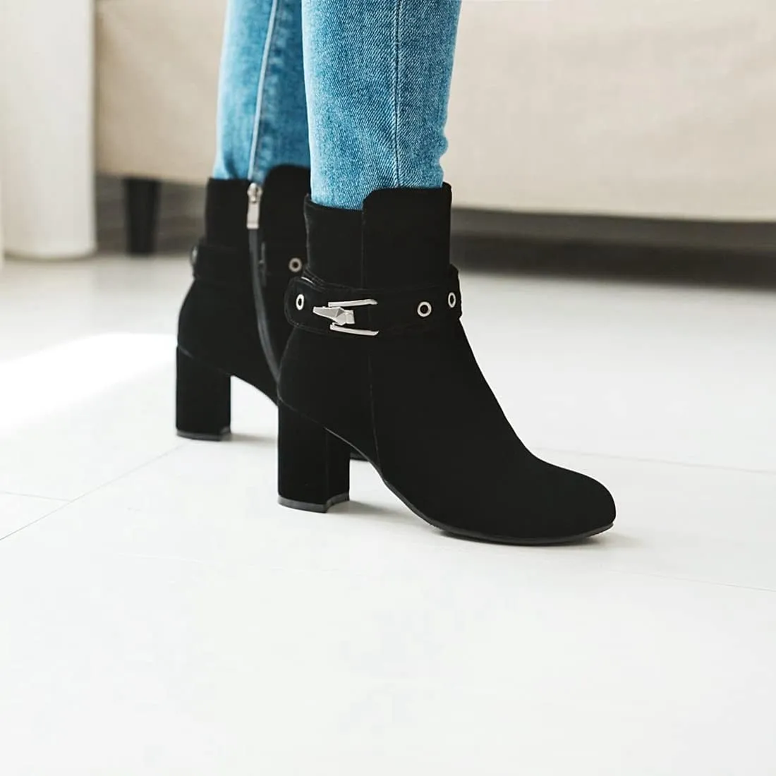 VOKLIN Women's Round Toe Elegant Dressy Ankle Booties Suede Zipper Chunky Block High Heel Dress Short Boots