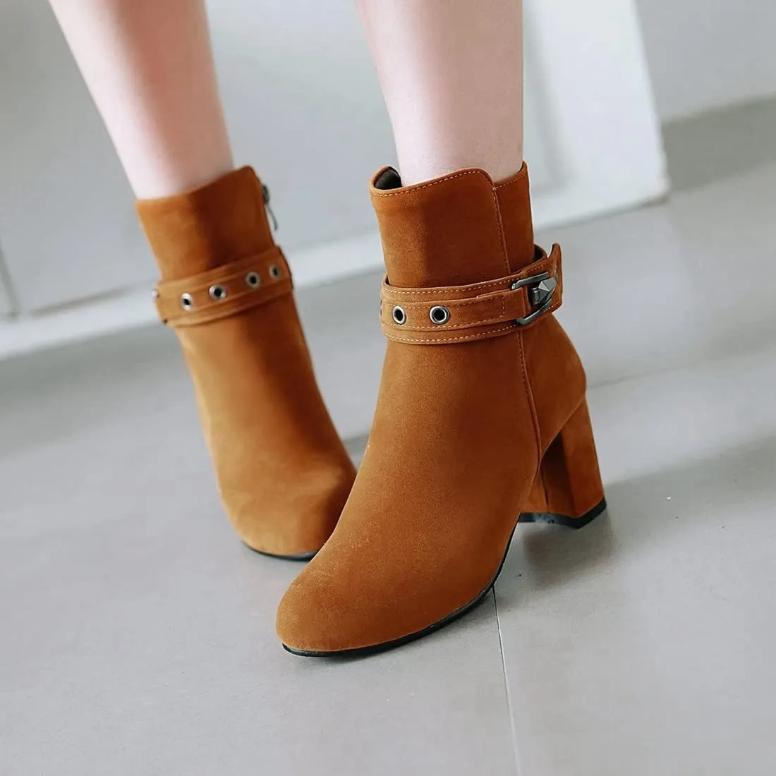 VOKLIN Women's Round Toe Elegant Dressy Ankle Booties Suede Zipper Chunky Block High Heel Dress Short Boots