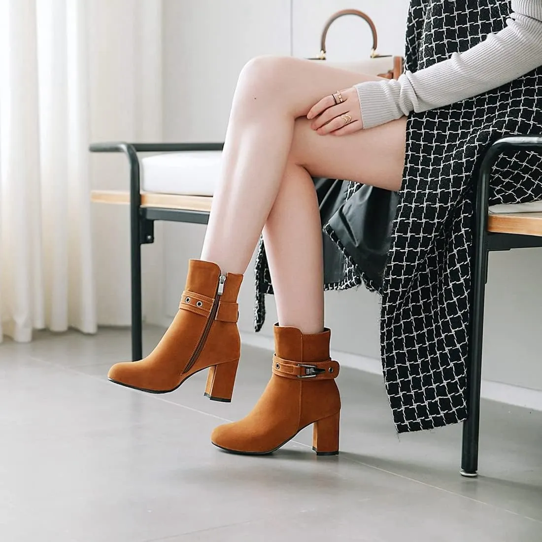 VOKLIN Women's Round Toe Elegant Dressy Ankle Booties Suede Zipper Chunky Block High Heel Dress Short Boots