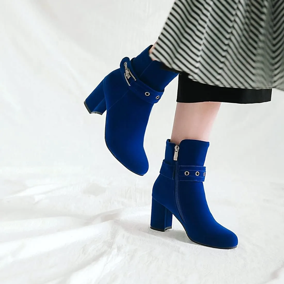 VOKLIN Women's Round Toe Elegant Dressy Ankle Booties Suede Zipper Chunky Block High Heel Dress Short Boots