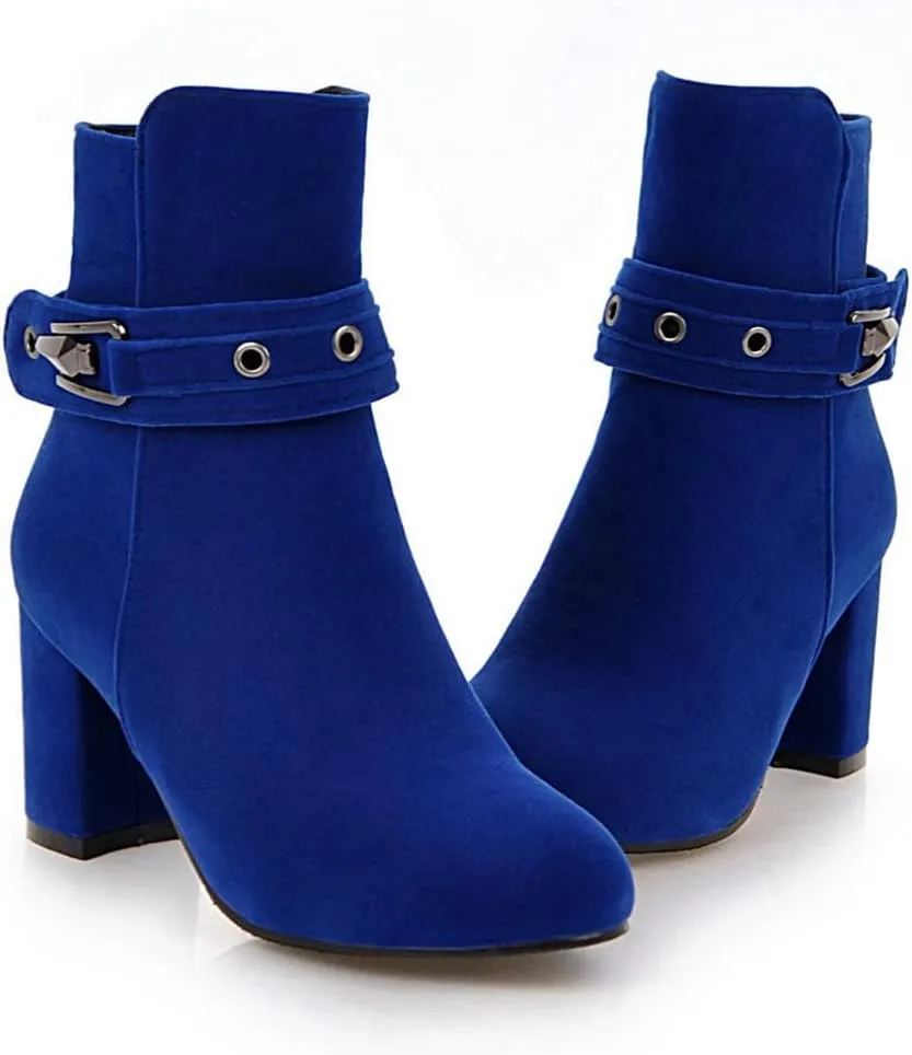 VOKLIN Women's Round Toe Elegant Dressy Ankle Booties Suede Zipper Chunky Block High Heel Dress Short Boots