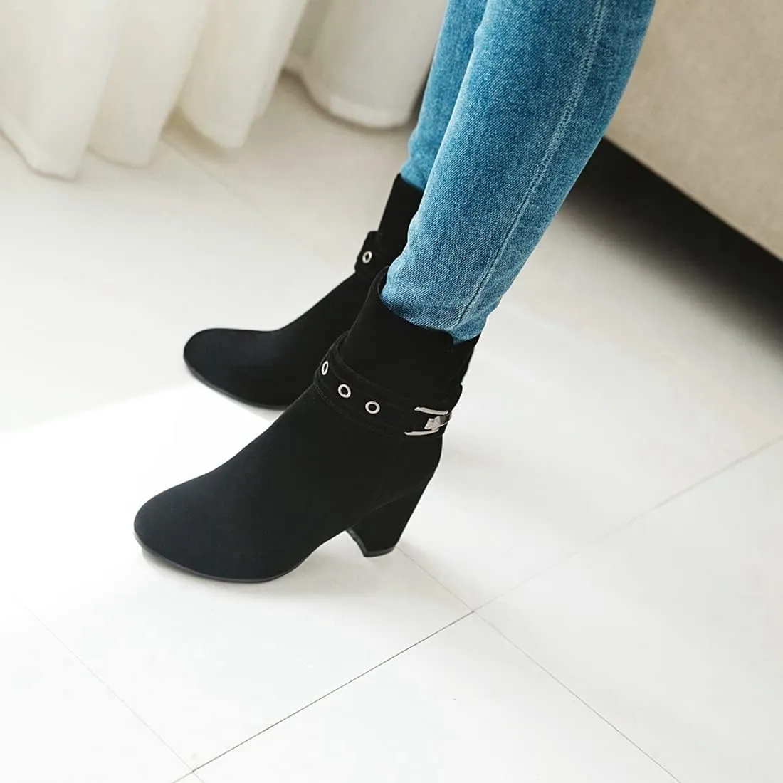 VOKLIN Women's Round Toe Elegant Dressy Ankle Booties Suede Zipper Chunky Block High Heel Dress Short Boots